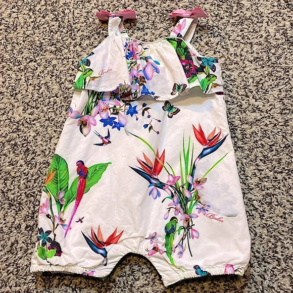 Baker by Ted Baker Tropical Print Baby Bubble Romper with Pink Bows on Shoulders - Picture 8 of 8